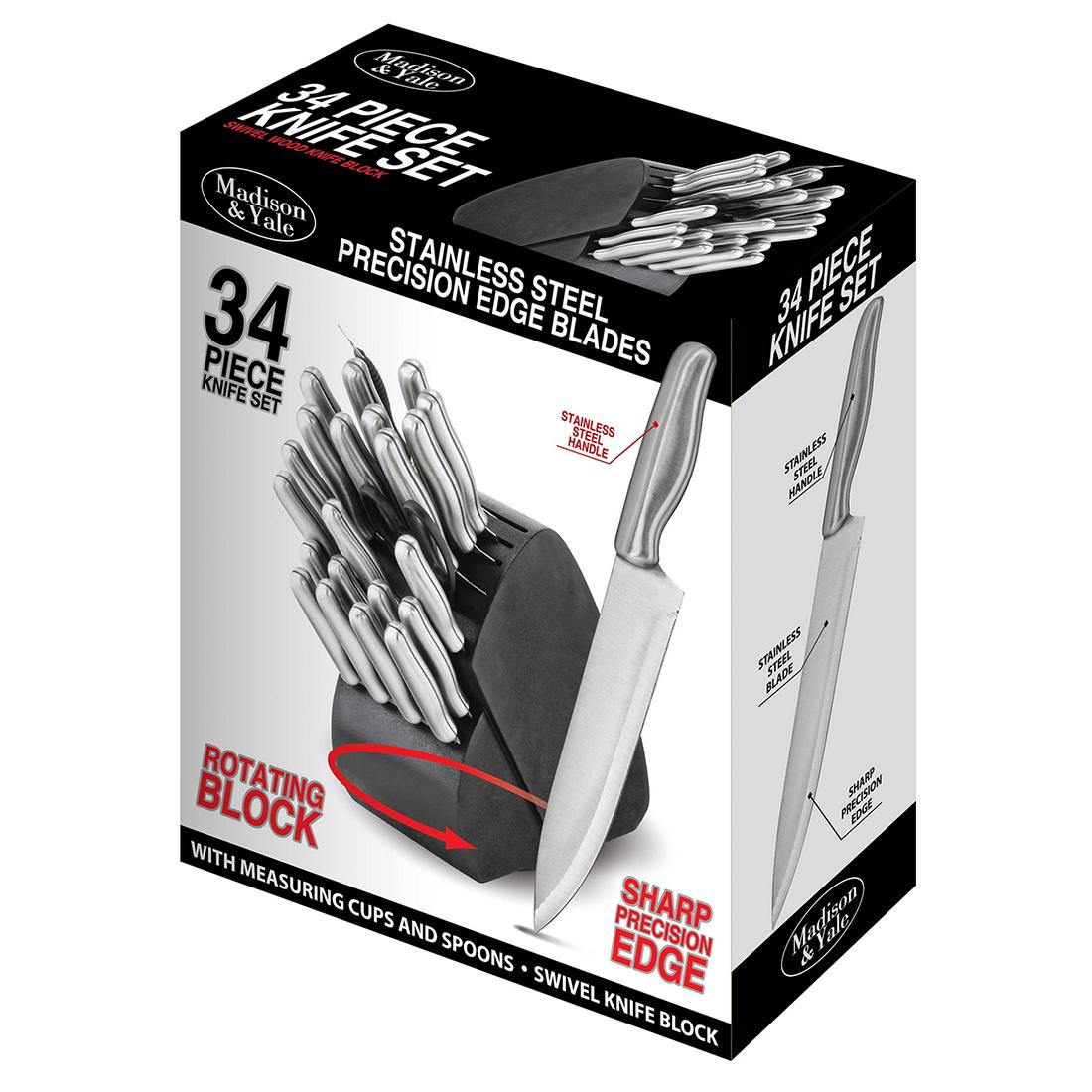 Madison and Yale 34 Pc. Stainless Steel Cutlery Set with Swivel Wood Knife Block - Image 2