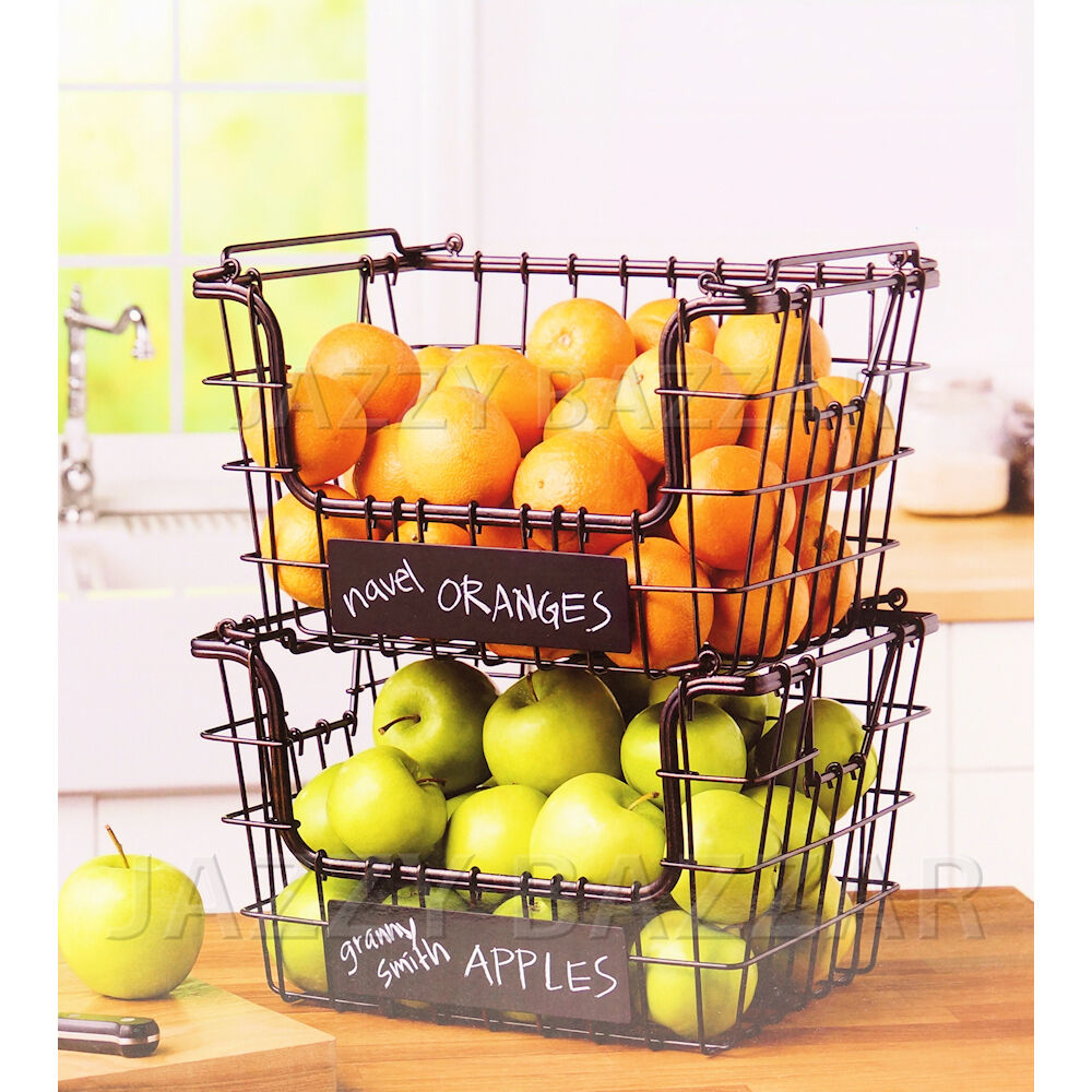 Costco Stacking Wire Market Baskets with Chalk Label - Set of 2 - Fruit Vegetable Produce Metal Storage Bin for Kitchen Counter - Pantry Cabinet - Image 6