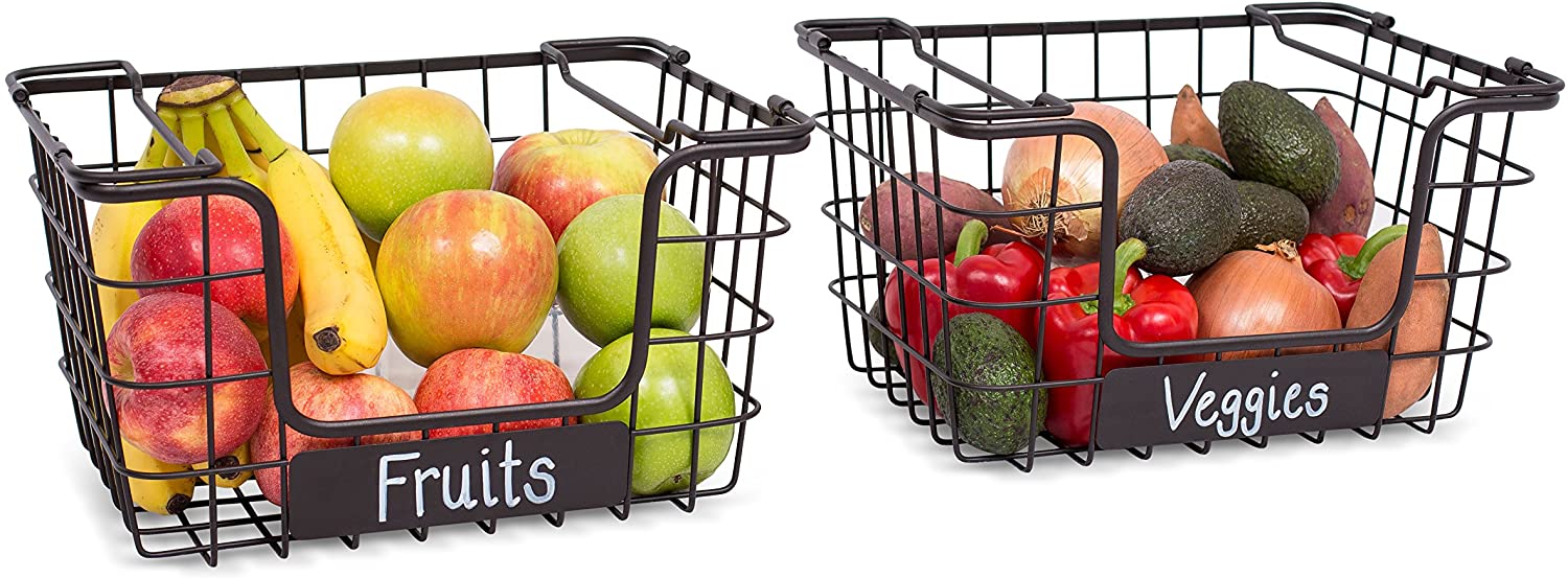 Costco Stacking Wire Market Baskets with Chalk Label - Set of 2 - Fruit Vegetable Produce Metal Storage Bin for Kitchen Counter - Pantry Cabinet - Image 4