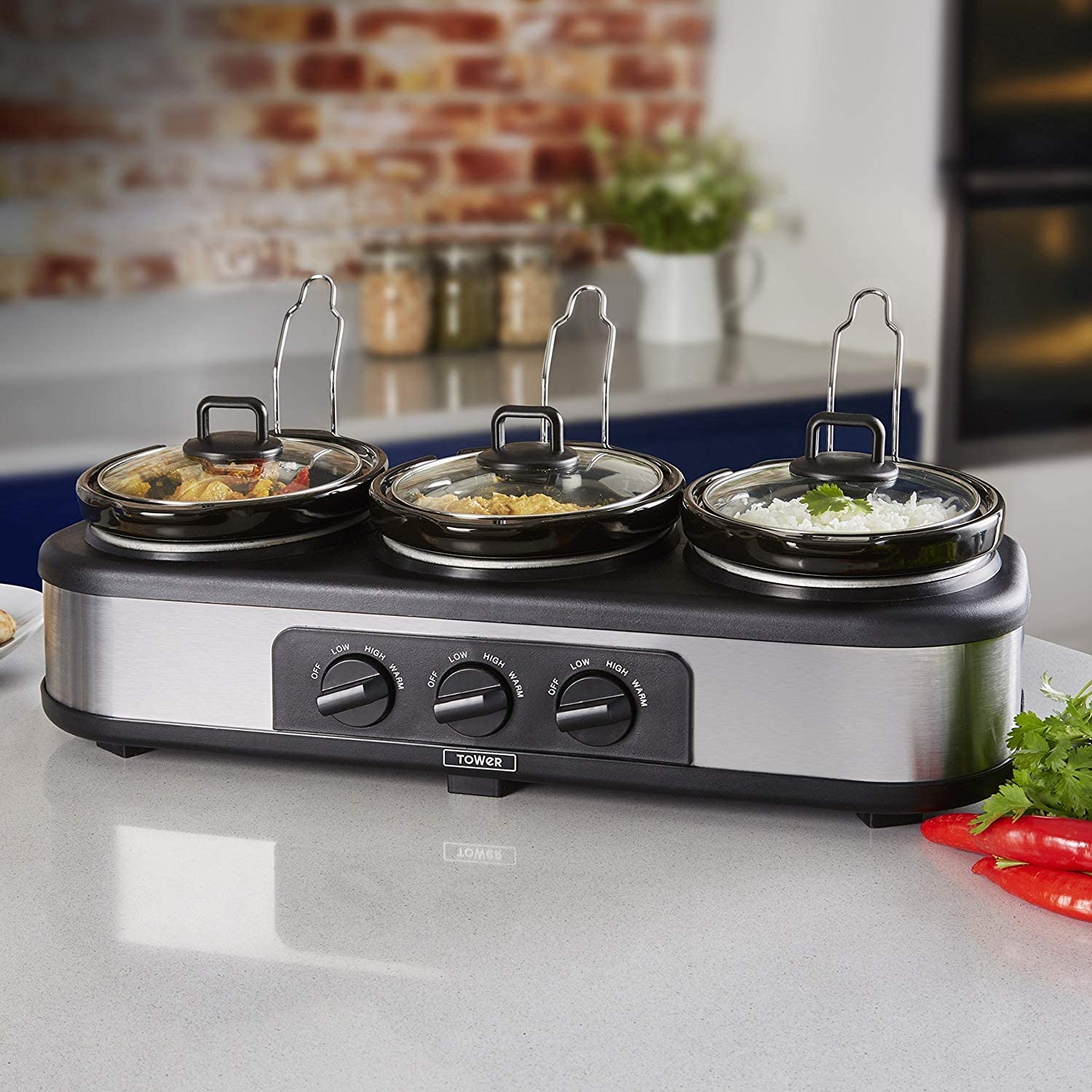Tower Three Pot Slow Cooker, Food Warmer and Buffet Server, 300 W, 3 x 1.5 Litre Cooking Pots, Black Tower Three Pot Slow Cooker, Food Warmer and Buffet Server, 300 W, 3 x 1.5 Litre Cooking Pots, Black
