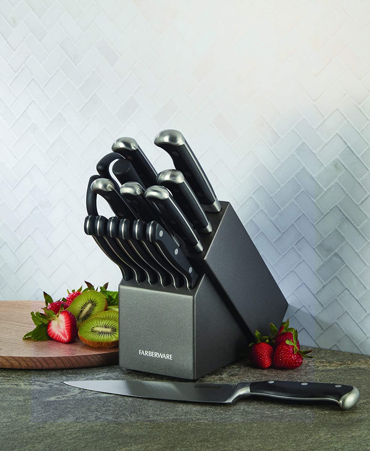 Farberware 15-Piece Forged Triple-Riveted Stainless Steel Knife Block Set- Black - Image 2