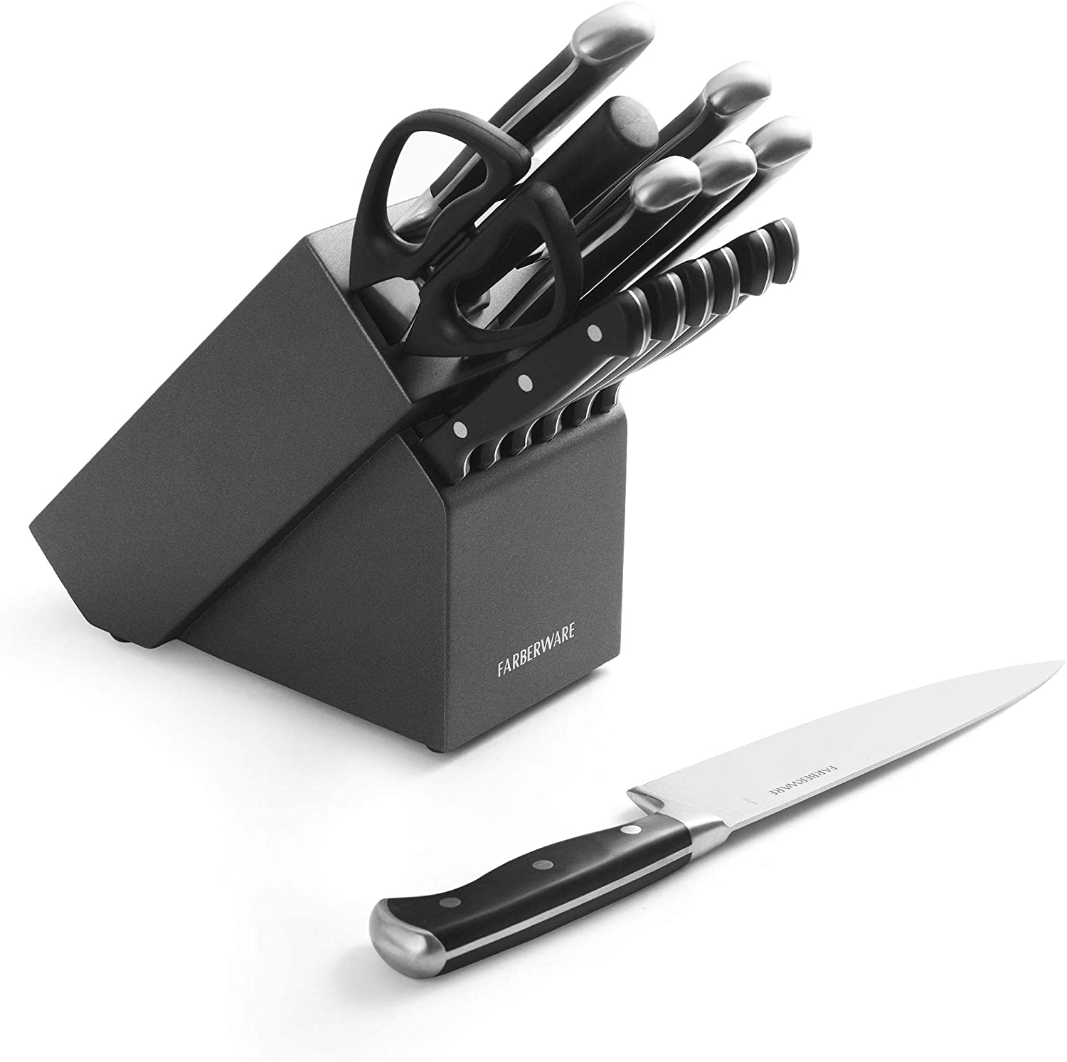 Farberware 15-Piece Forged Triple-Riveted Stainless Steel Knife Block Set- Black