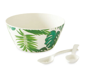 Al Fresco Dining Green Leaf Bamboo Salad Bowl with Fork and Spoon