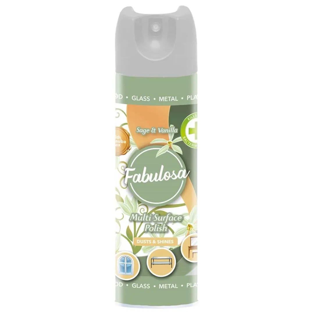 Fabulosa Surface Polish for Wood, Glass, Metal and Plastic. Kills up to 99.9% of bacteria and viruses, Sage & Vanilla– 300 ml