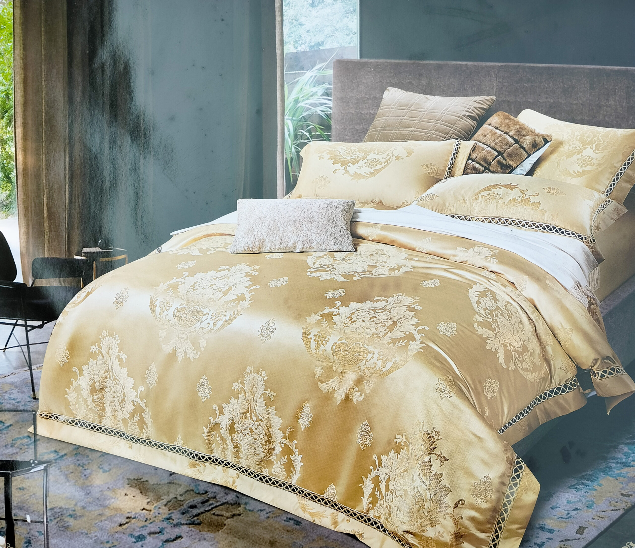 Gold King Size Bed Sheet - 2 Pillow cases, 1 Sheet, 1 Duvet cover